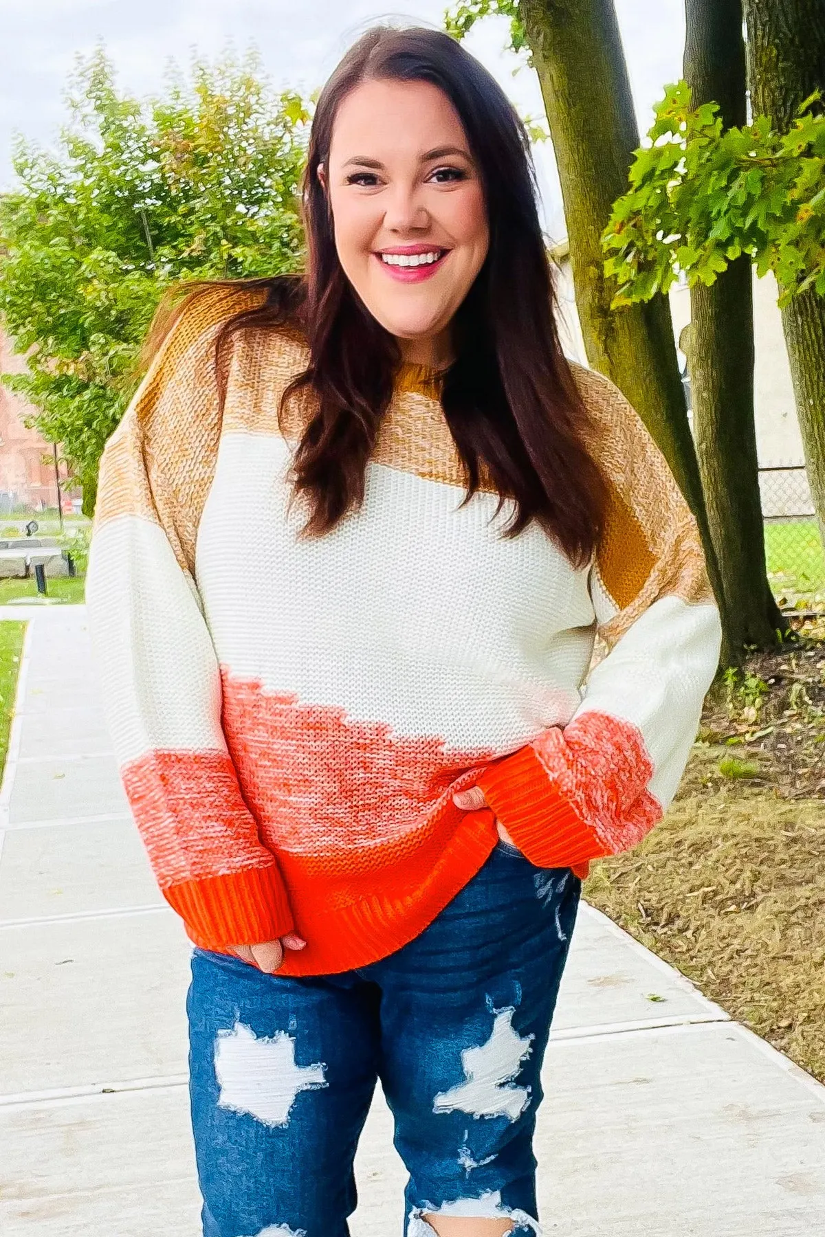 Maxct &Adorable You Camel & Orange Color Block Sweater