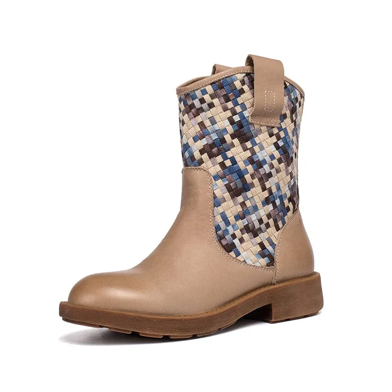 Woven Boots Mid Calf Color Blocking Design Cowgirl Boots Maxct