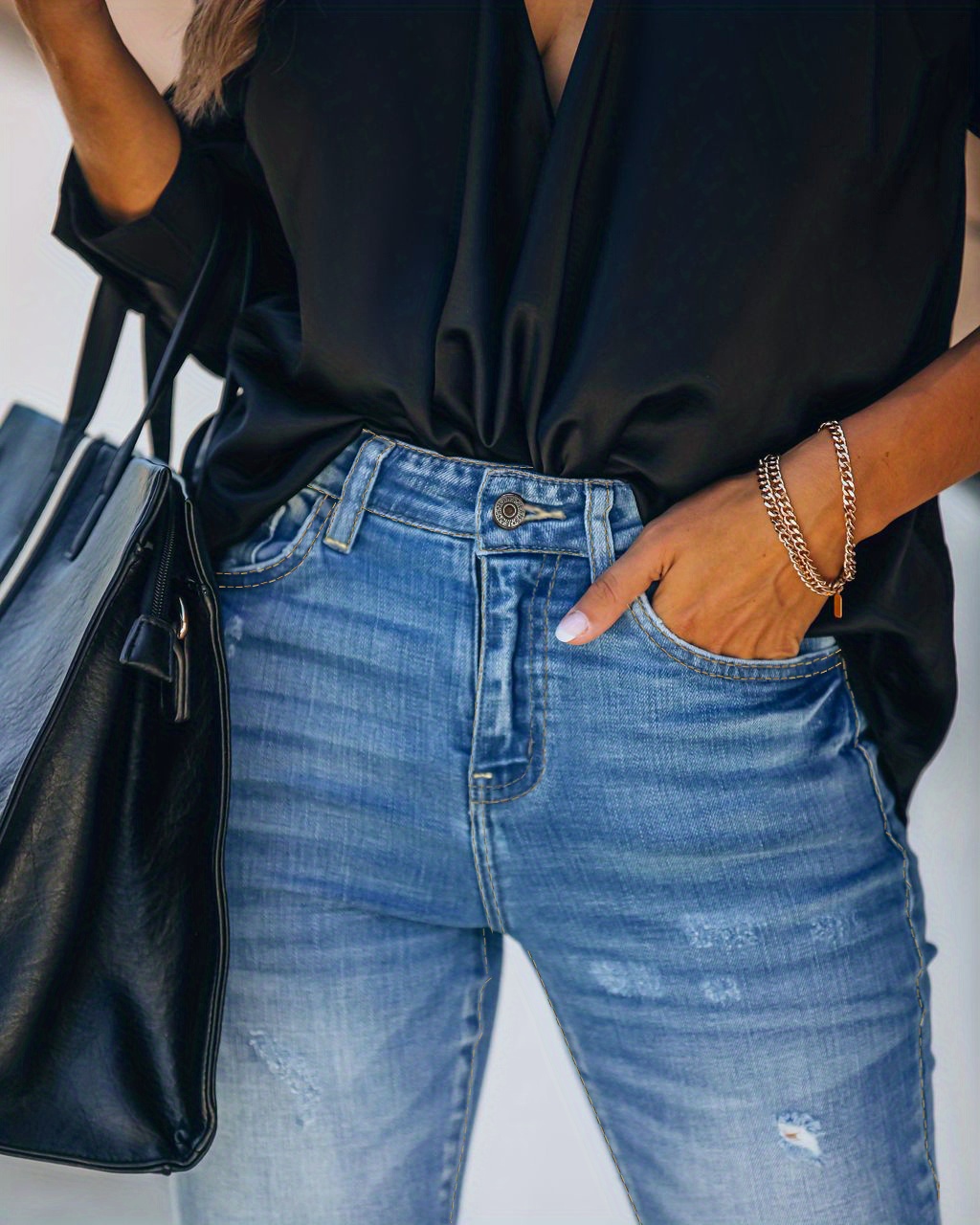 Women's Ripped Slim Fit Denim Pants, Button Fly Slant Pocket Jeans