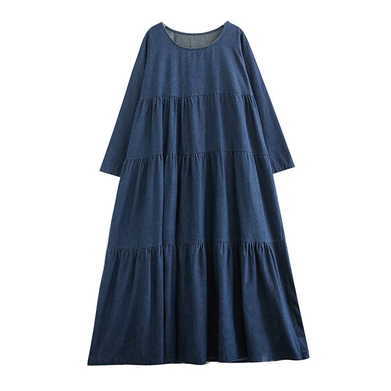 Maxct Women Autumn Retro Casual Loose A- Line Denim Dress