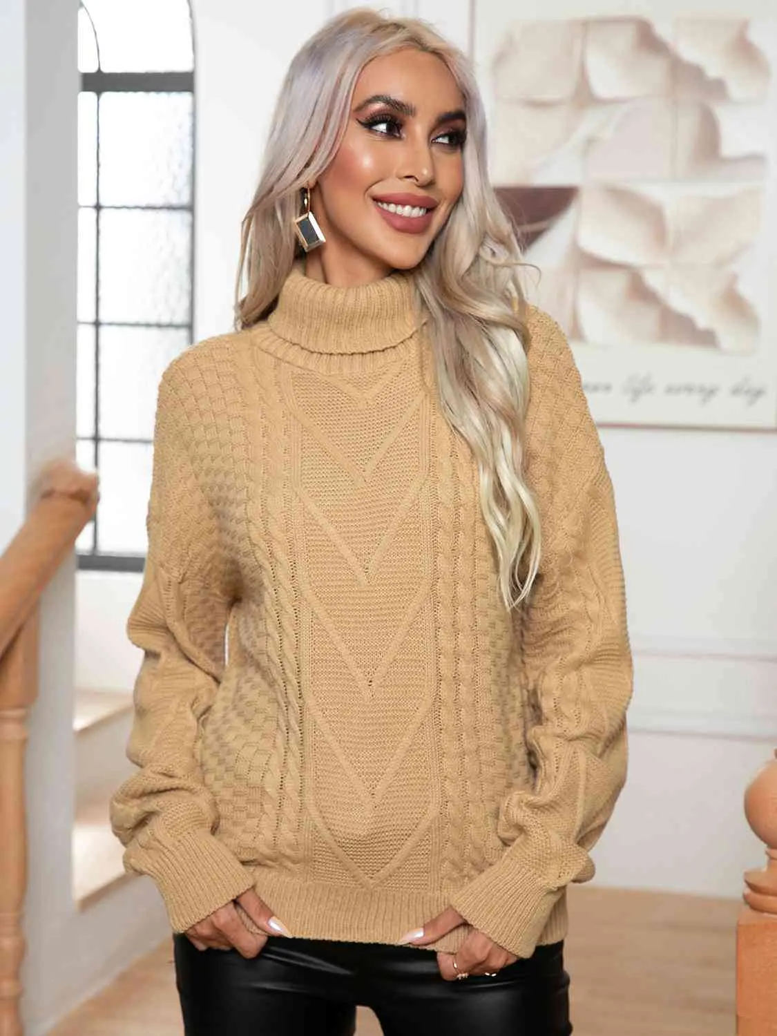Maxct &Turtleneck Cable-Knit Long Sleeve Sweater