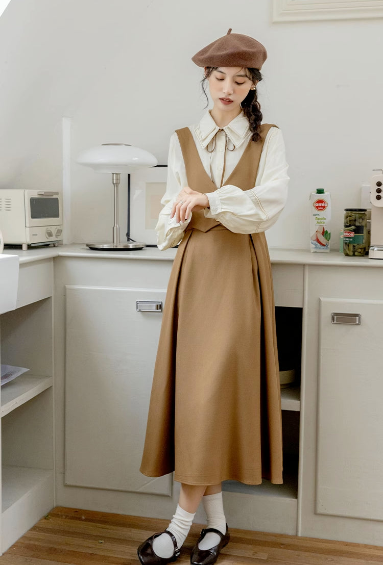 Basic Woven Vest Pinafore Dress / Blouse Maxct