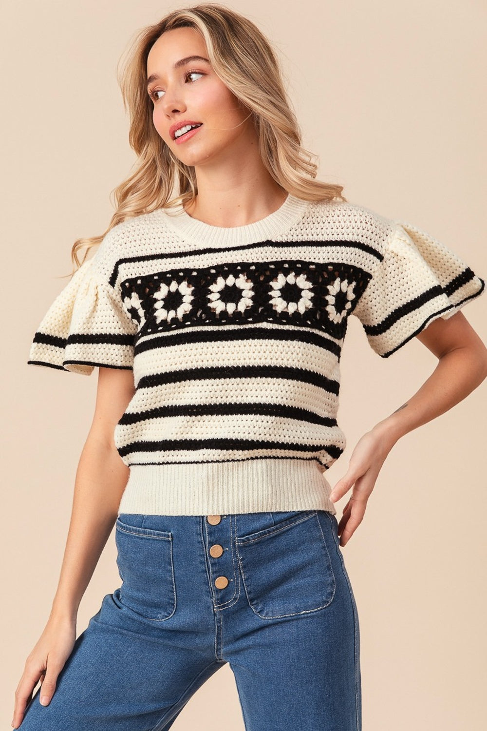 Maxct &BiBi Granny Square Short Sleeve Striped Sweater