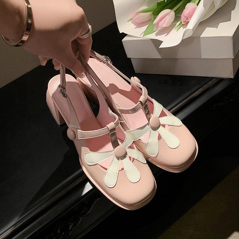 T strap Flower Detail Mary Jane Slingback Sandals Block Heel Square Toe Maxct