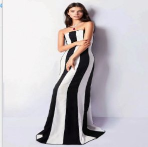 Strapless Bandage Dress Women's Hepburn Chest Wrap Skirt Black And White Striped High-end Banquet Dress Daily Wear