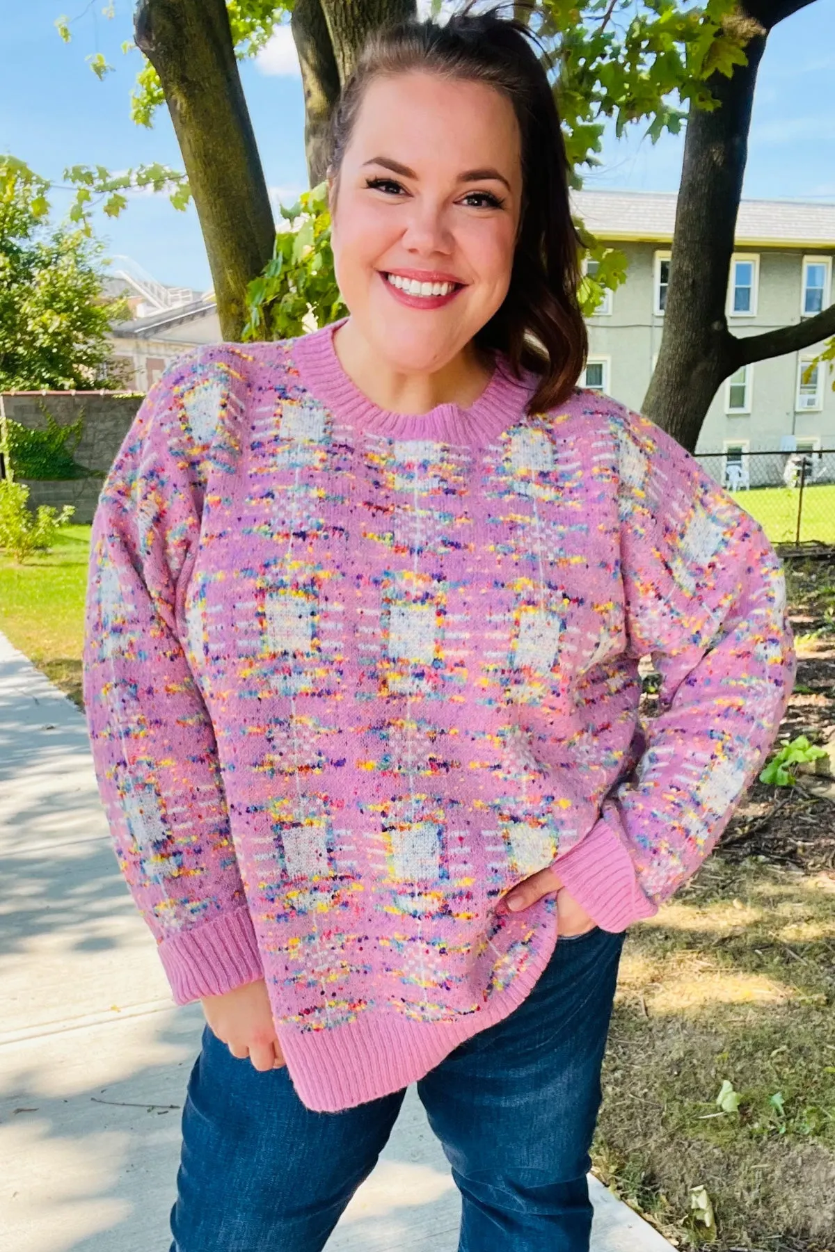 Maxct &Adorable Pink Multicolor Popcorn Knit Sweater