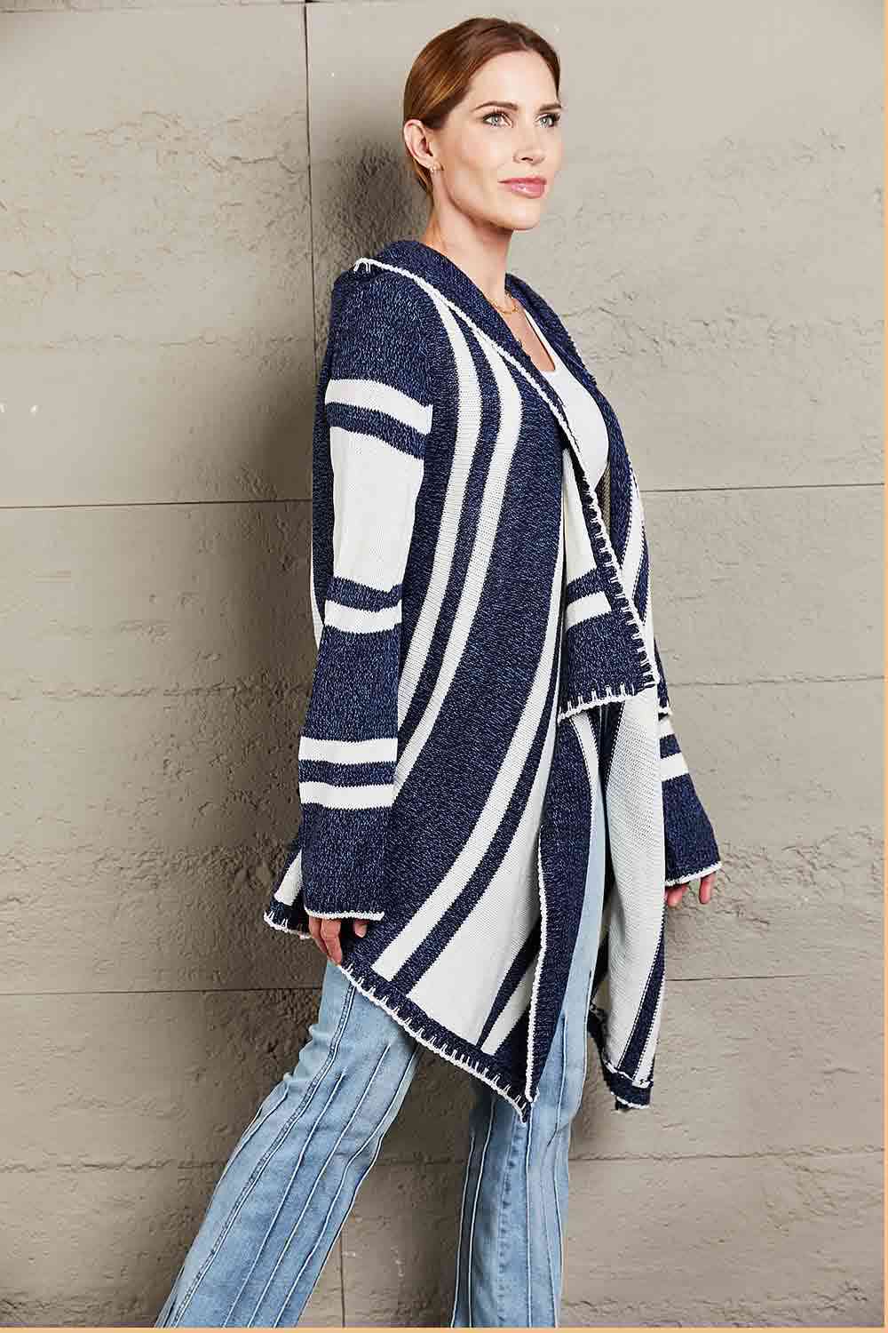 Maxct &Woven Right Striped Open Front Hooded Cardigan