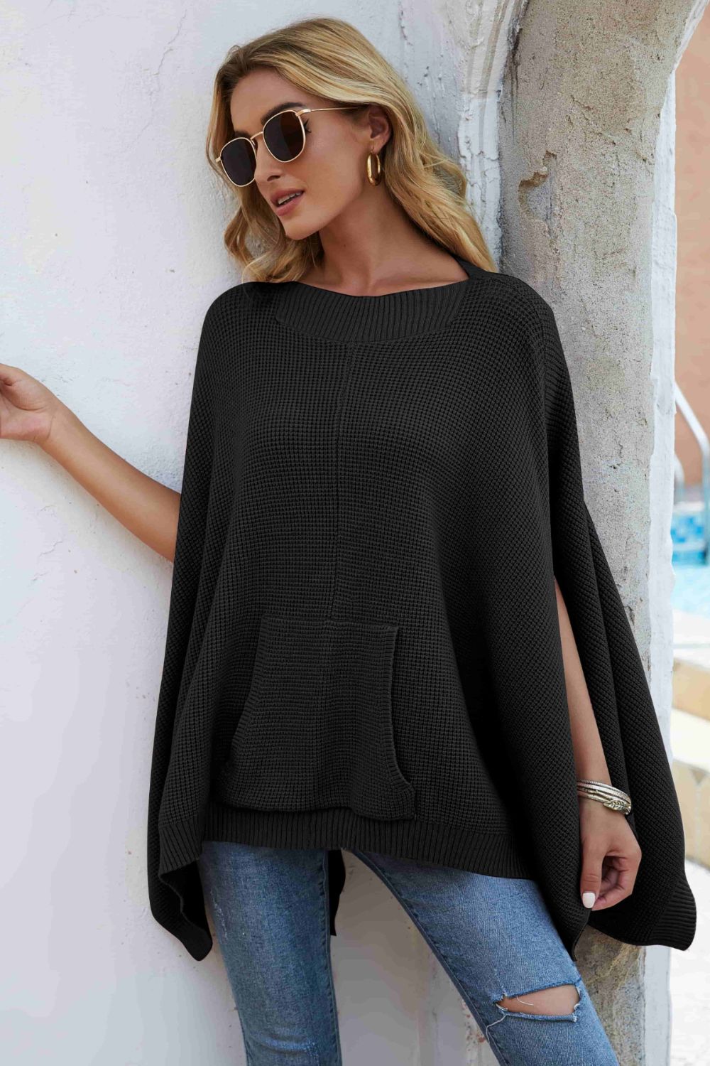 Maxct &Double Take Waffle-Knit Cloak Sleeve Pocket Sweater