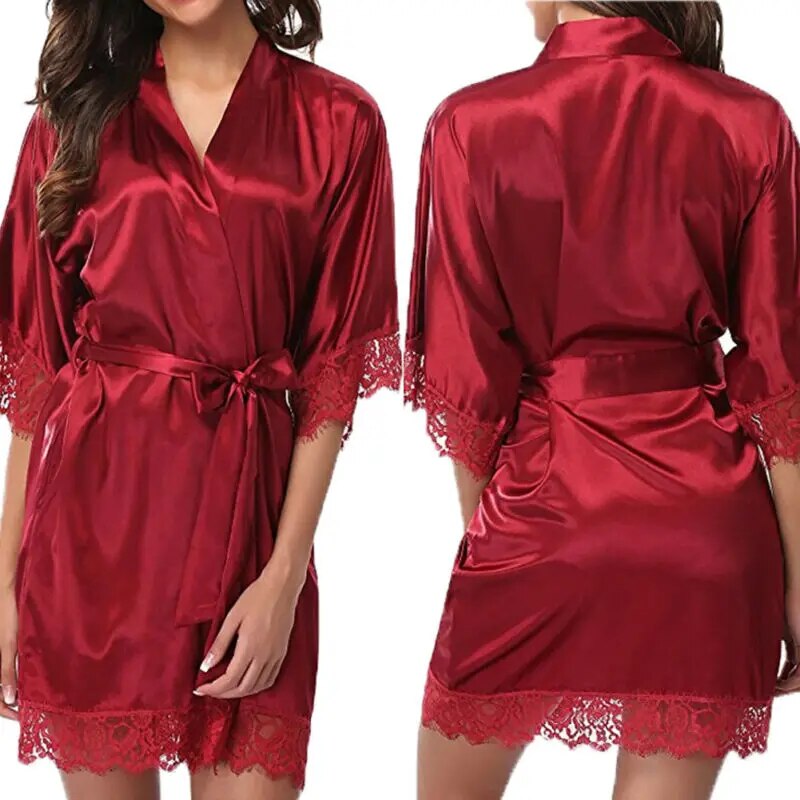 Maxct Women Night Gown Satin Robe Bathrobe Satin Nightgown Halt Sleeve Pajamas Lingerie Night Mini Dress Lace Sexy Sleepwear hot sale