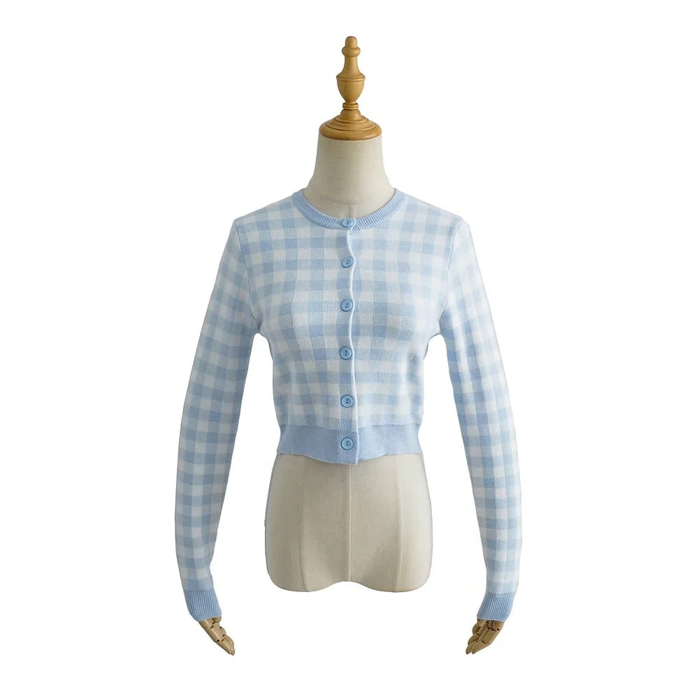 Maxct Checkered Button Front Knit Crop Cardigan