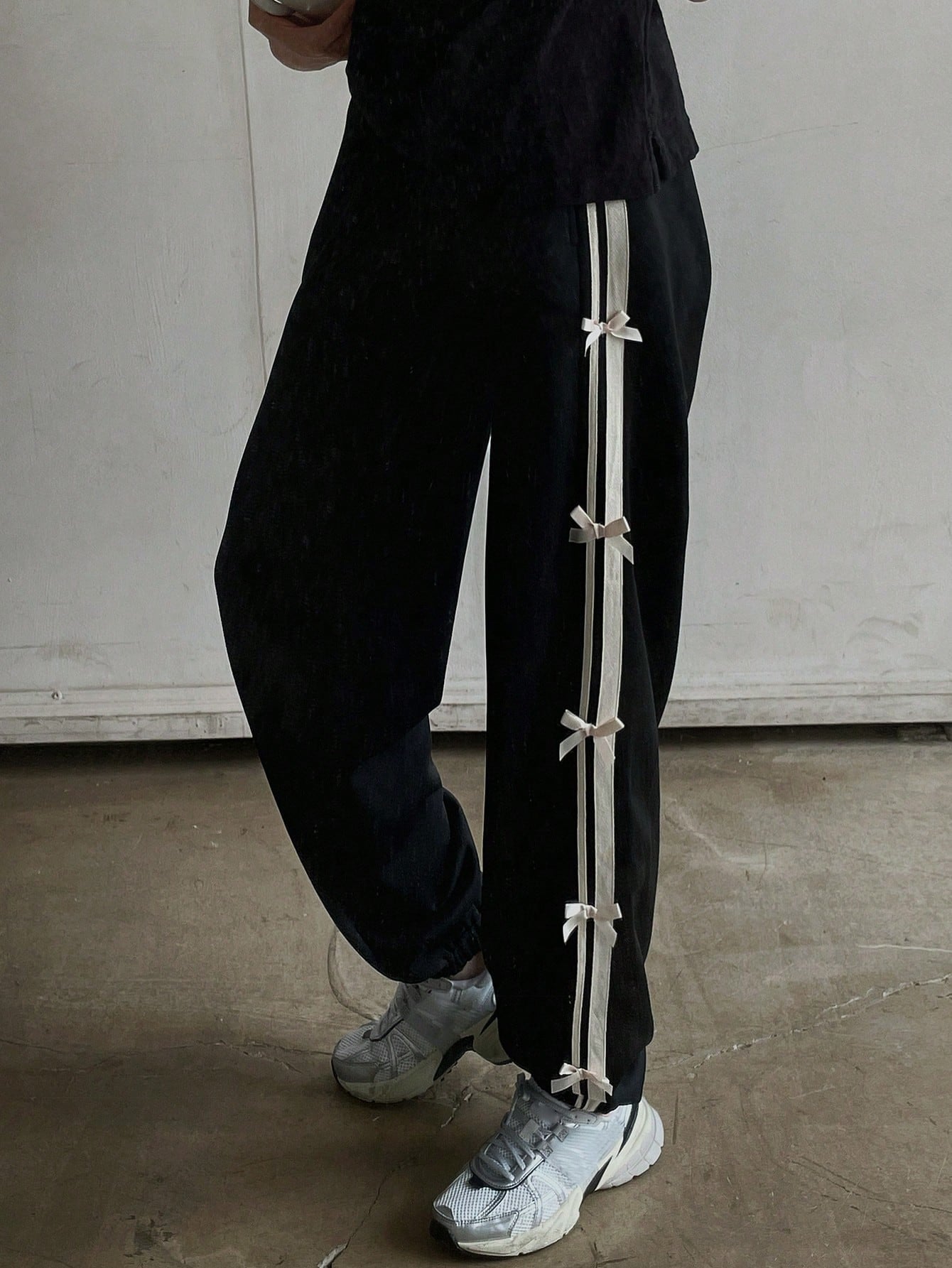 Maxct Elastic Waist Decorated Long Harem Pants With A Loose Fit And Woven Ribbon Bow For Women