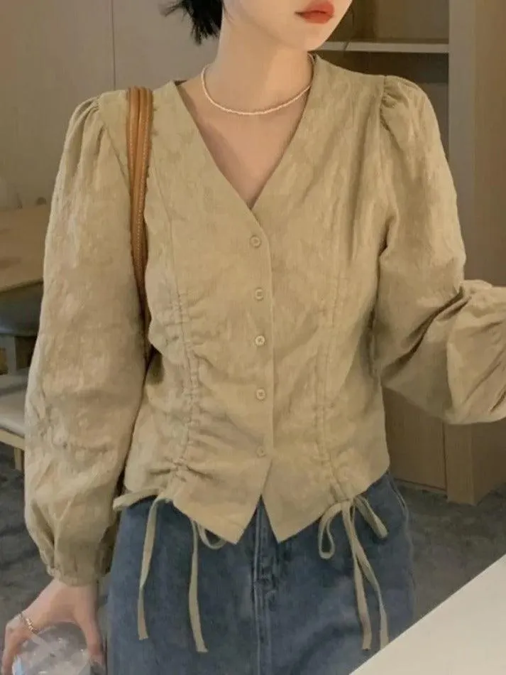 Maxct Lace Up Button Front Long Sleeve Blouse