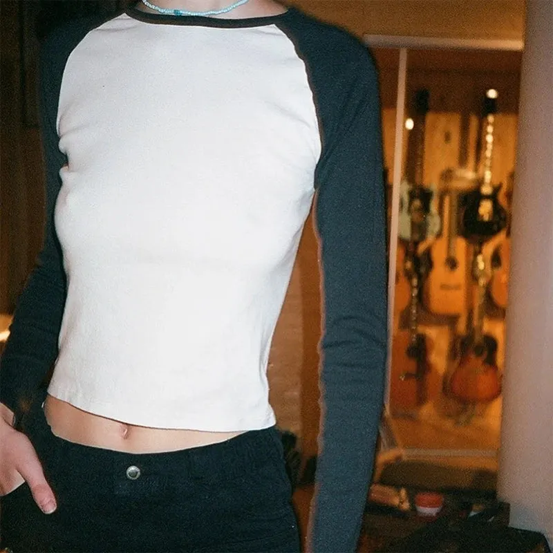 Maxct 90s Vintage Grunge T-shirt Y2K Retro Cute Crop Top Autumn Contrast Patchwork Long Sleeve Slim Basic Sweats Tees Simple Clothes