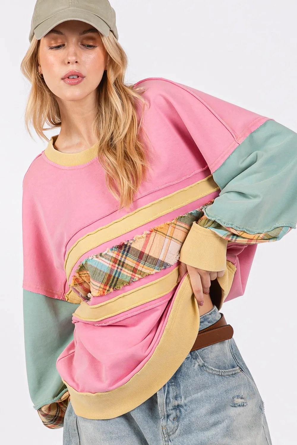 Maxct &SAGE + FIG Mineral Wash Raw Edge Color Block Sweatshirt
