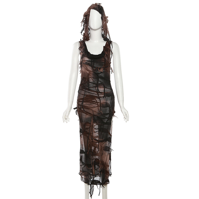 Grunge Dress y2k Tie Dye Print Sleeveless Side Split Hooded Dress Gothic Party Dresses Halloween Costume