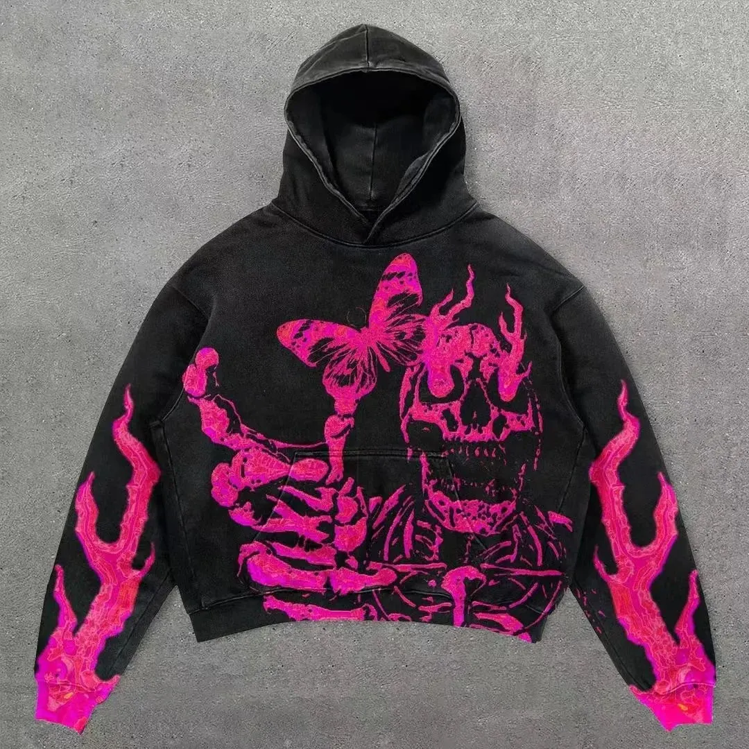 Maxct Y2k Punk Wind Skull Printed Cotton Hoodies Sweatshirt Couples Hip-hop Retro Street Loose Oversized Hoodies Harajuku Gothic Top