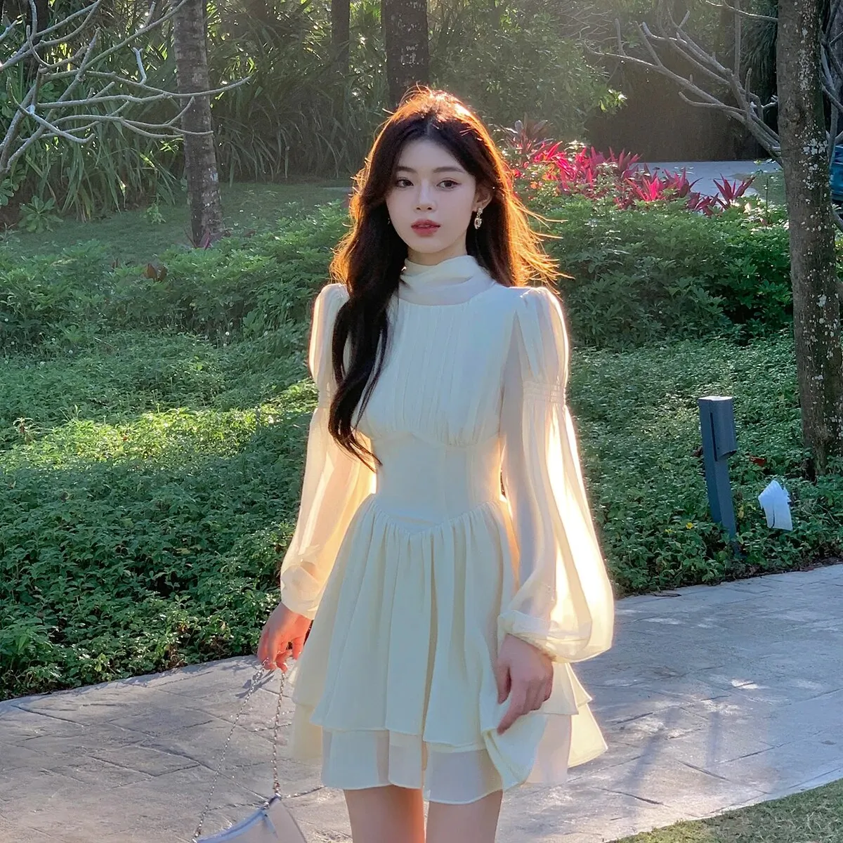 Maxct French Chiffon Midi Dresses for Women Elegant Long Sleeve Slim Ruffle Dress Gentle Fairy Clothes Sweet Puffy Short Dress
