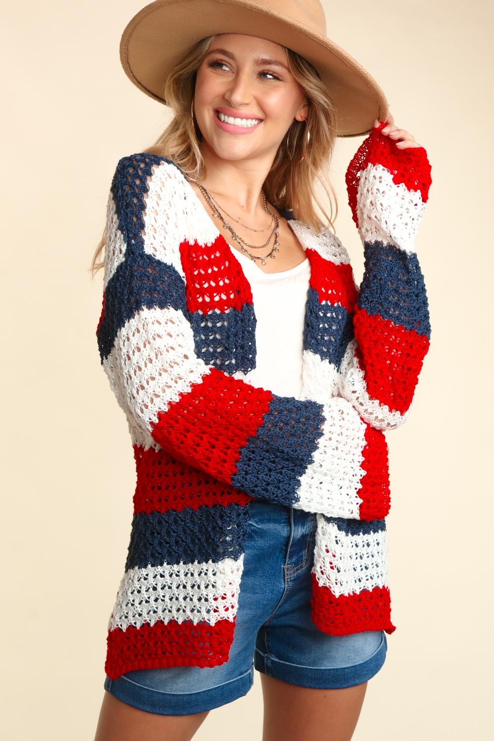 Maxct &Haptics Full Size Open Front Long Sleeve Stripe Cardigan