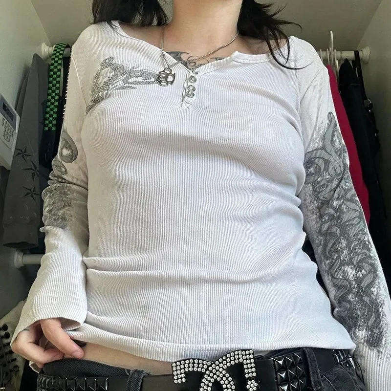 Maxct Cross Print T-shirt Women Y2K Cyber Grunge 00s Retro Harajuku Patchwork Long Sleeve Tee Gothic Mall Goth Sweats Tops