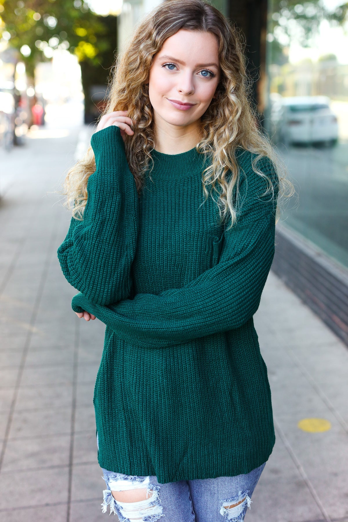 Maxct &Classy Chic Hunter Green Mock Neck Chest Pocket Knit Sweater