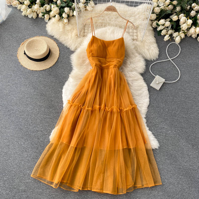 Women's Sexy Mesh Spaghetti Strap Long Dress Summer Orange/Purple/Blue/Pink Ruffle A-Line Beach Robe Female Elegant Party Vestidos