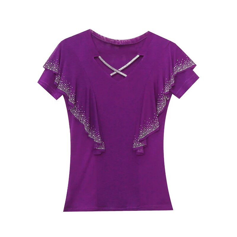 Maxct Ruffles Mesh T Shirts Women's Short Sleeve Fake Diamonds Crossed V Neck T-shirts Female Elegant Tops Tees BH6038