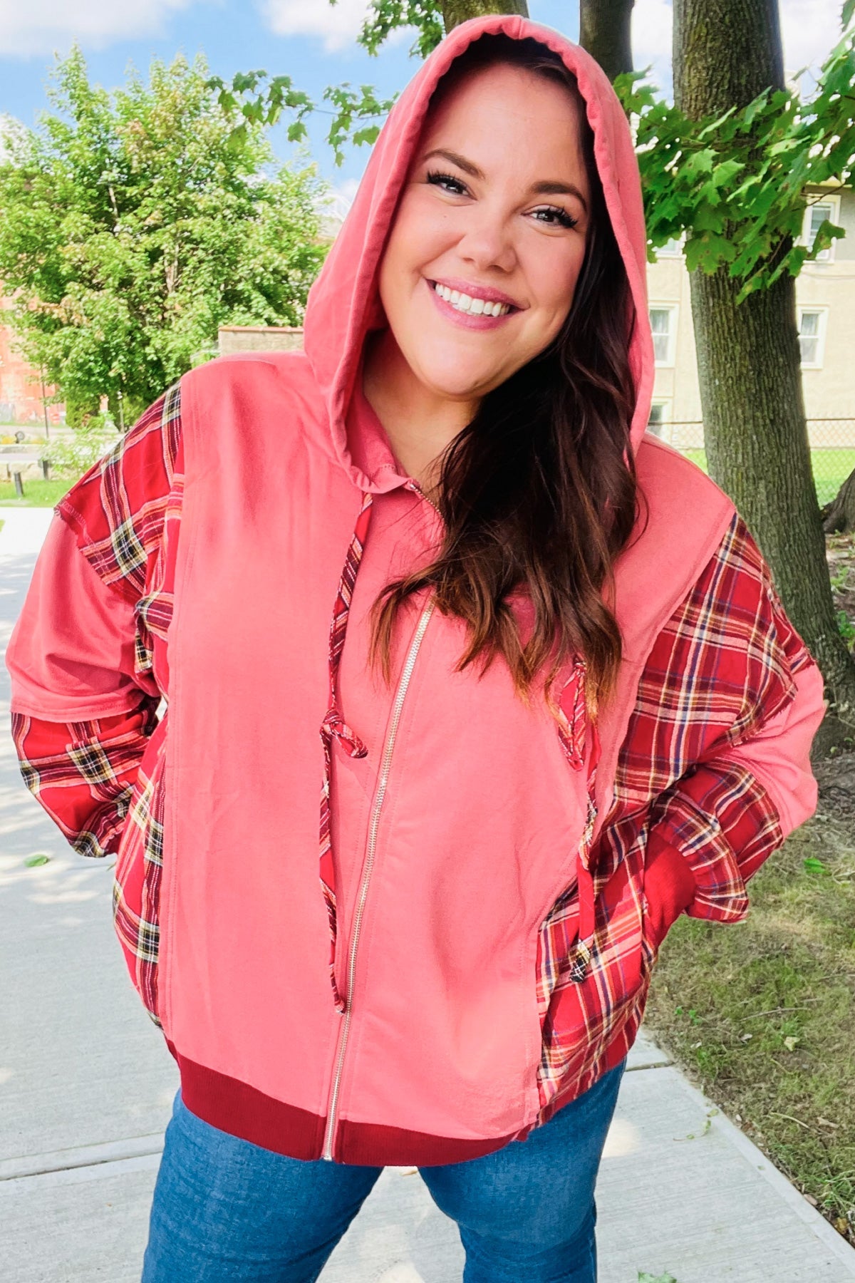 Maxct &Adorable in Marsala Plaid Color Block Zipper French Terry Hoodie
