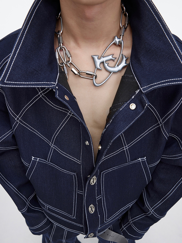 Oversize Stitch Denim Jacket & Wide-leg Stitch Denim Jeans Setup NA676