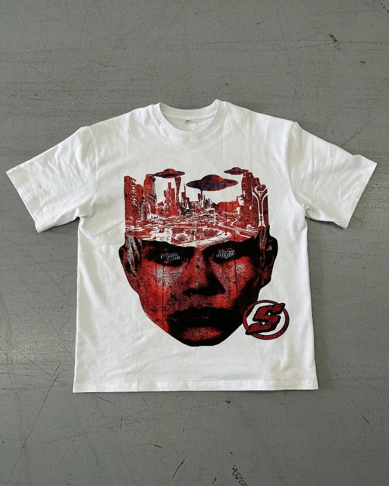 Maxct Y2K fashionable gothic punk devil pattern printed T-shirt men's streetwear casual loose versatile oversized tops for couples