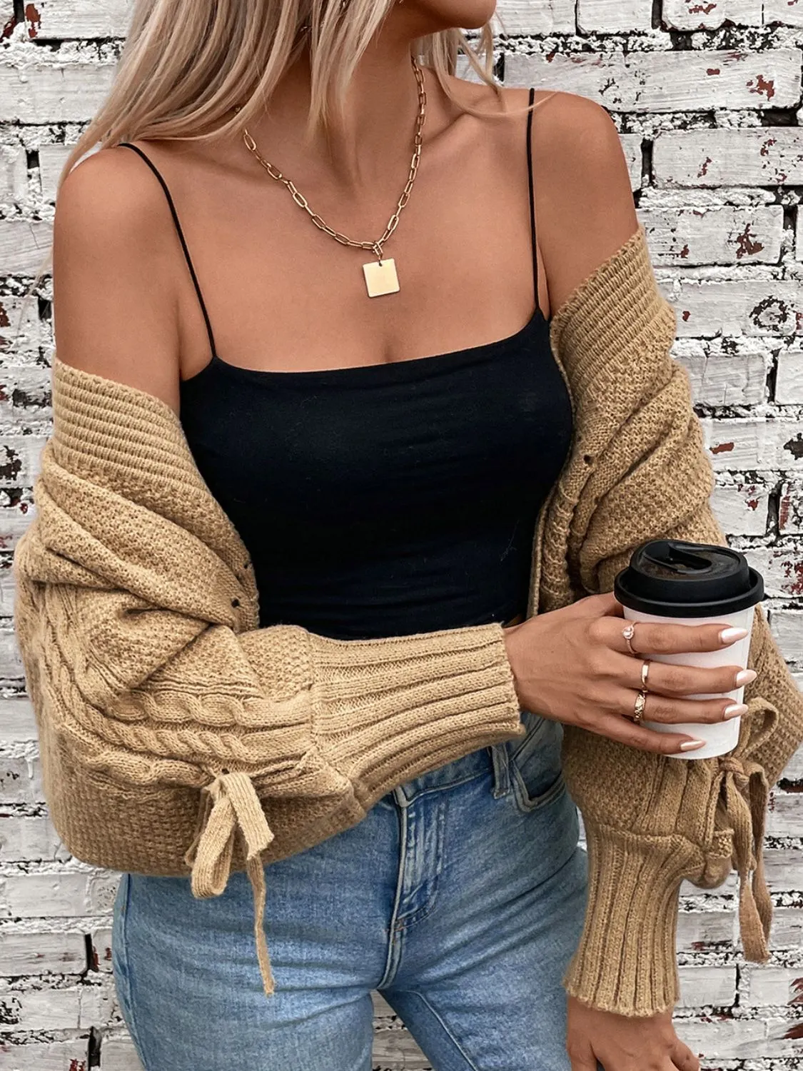 Maxct &Cable-Knit Tied Open Front Lantern Sleeve Cardigan