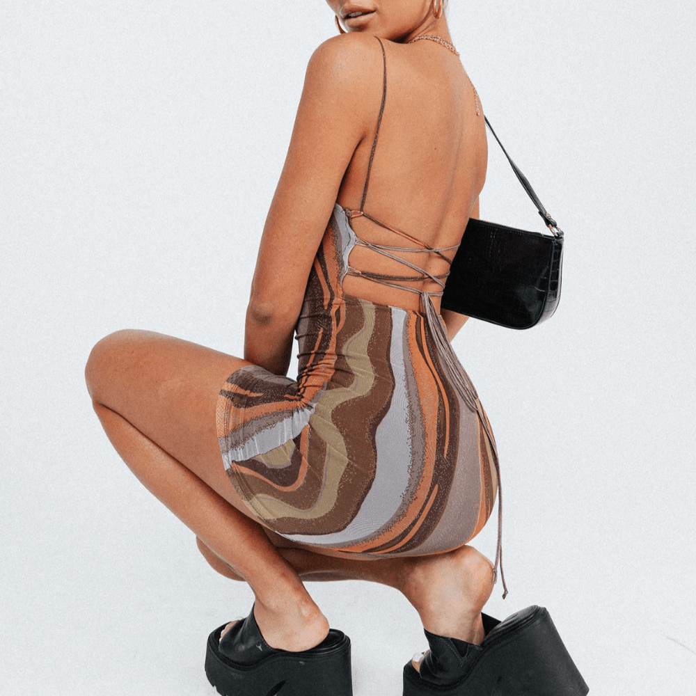 Sofia Brown Gradient Print Backless Mini Dress Maxct