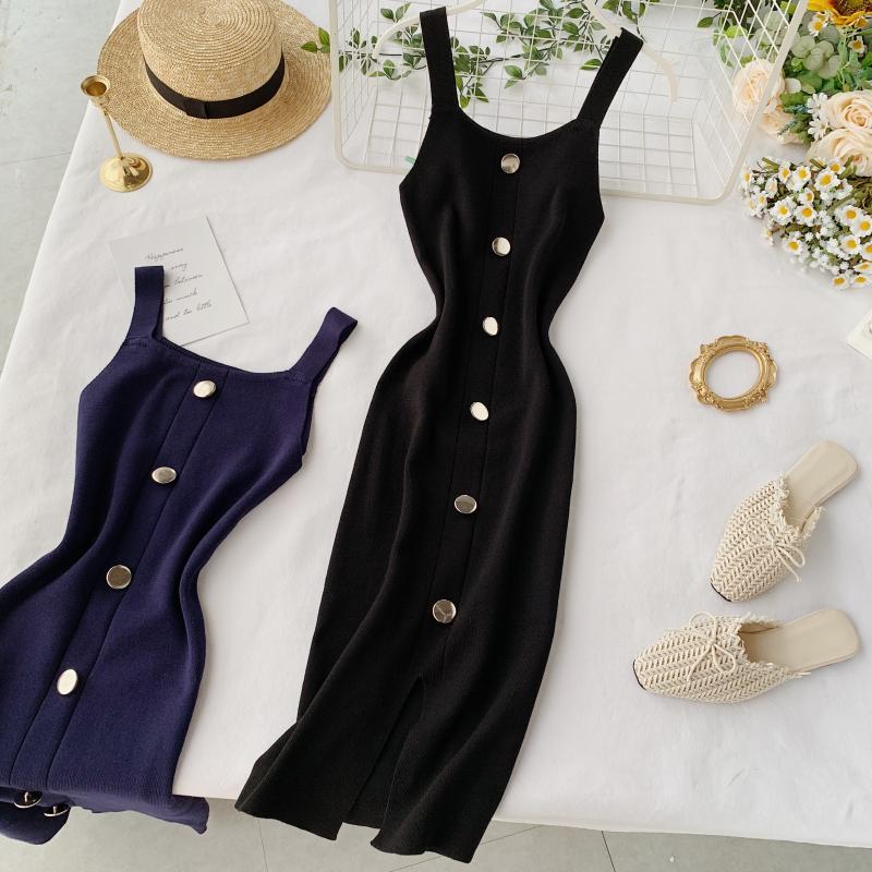 Summer Pink/Red/White/Black Women Knitted Dress Vintage High Waist Button Single-breasted Slim Casual Dress For Female New