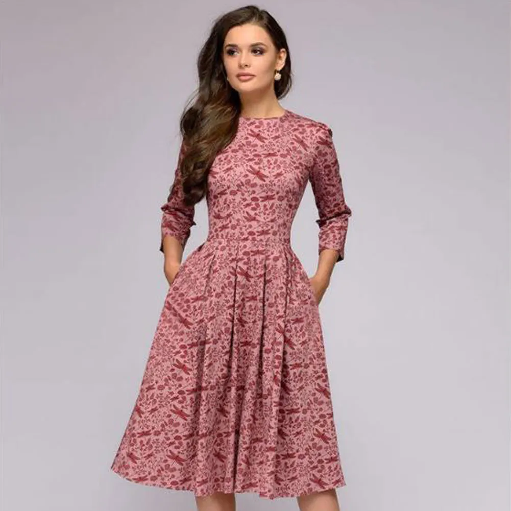 pleated tunic print dress women Elegant ladies A line dresses Long sleeve female autumn mixi party dress vestidos
