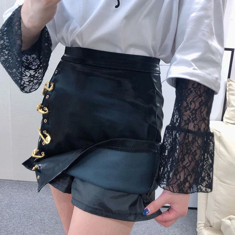 Pins Asymmetrical Leather Mini Skirt Maxct