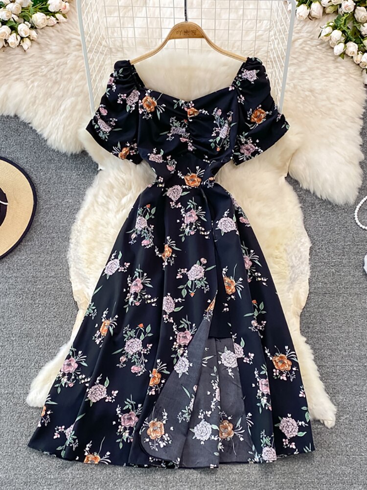 Vintage Women Printed Dresss Sexy Square Collar Short Puff Sleeve High Waist A-Line Vacation Beach Vestidos Female New