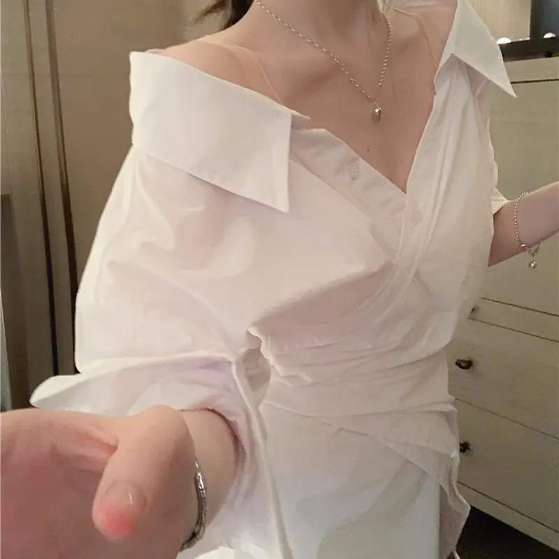 Maxct Sleeve Dresses Women Fashion New Sexy Ladies Off Shoulder White Solid Summer Female Mini Dress Leisure V-neck BF Irregular