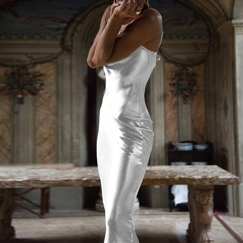 Elegant Satin Backless Long Dress For Women Gown Summer Spaghetti Strap Sleeveless Night Club Party Long Dress Vestido