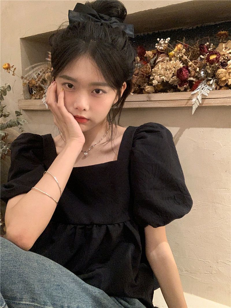 Blouses Women Square Collar Sweet Loose French Style Puff Sleeve Chic Ruffles Simple Ulzzang Solid Fashion Temper Student Summer