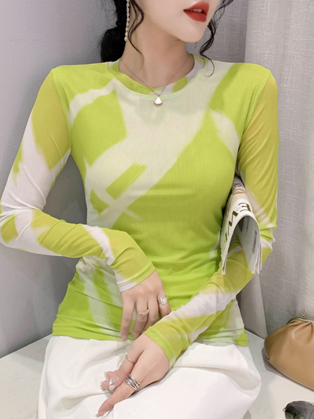 Maxct Fashion Printing Long-Sleeved Round Neck T-shirt Women Contrast Color Slim Double-Layer Mesh Tees Tops
