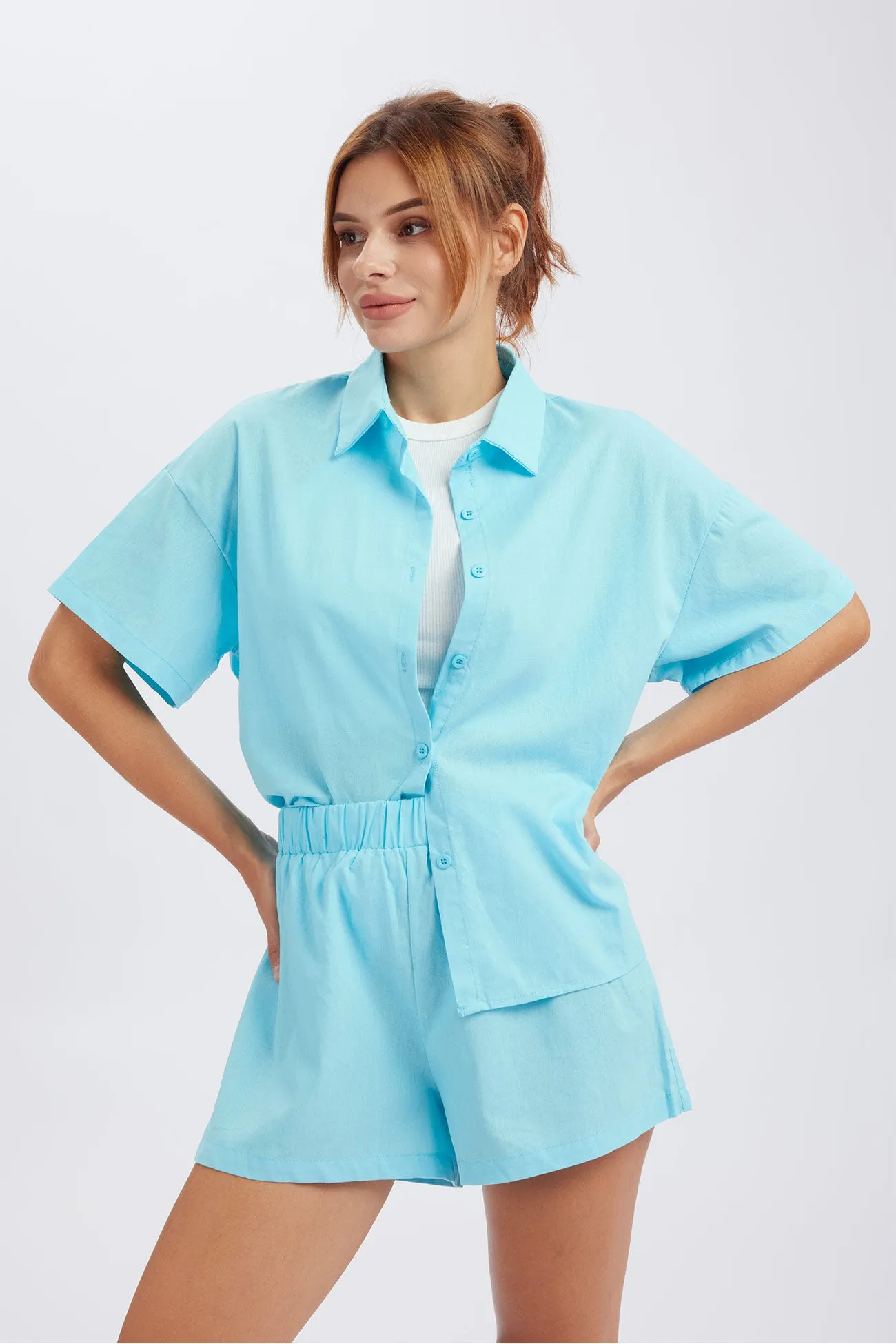 Maxct Solid Button Through Drop Shoulder Shirt Shorts Set