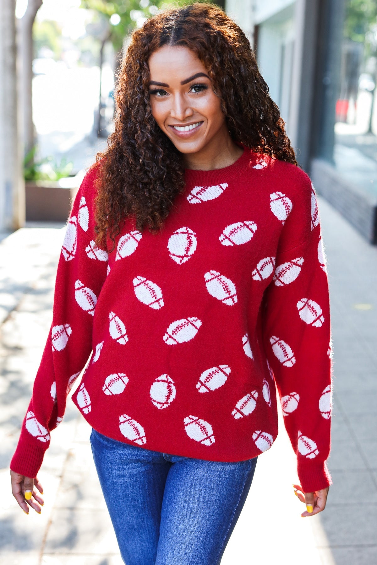 Maxct &Game Day Red Football Print Jacquard Knit Sweater