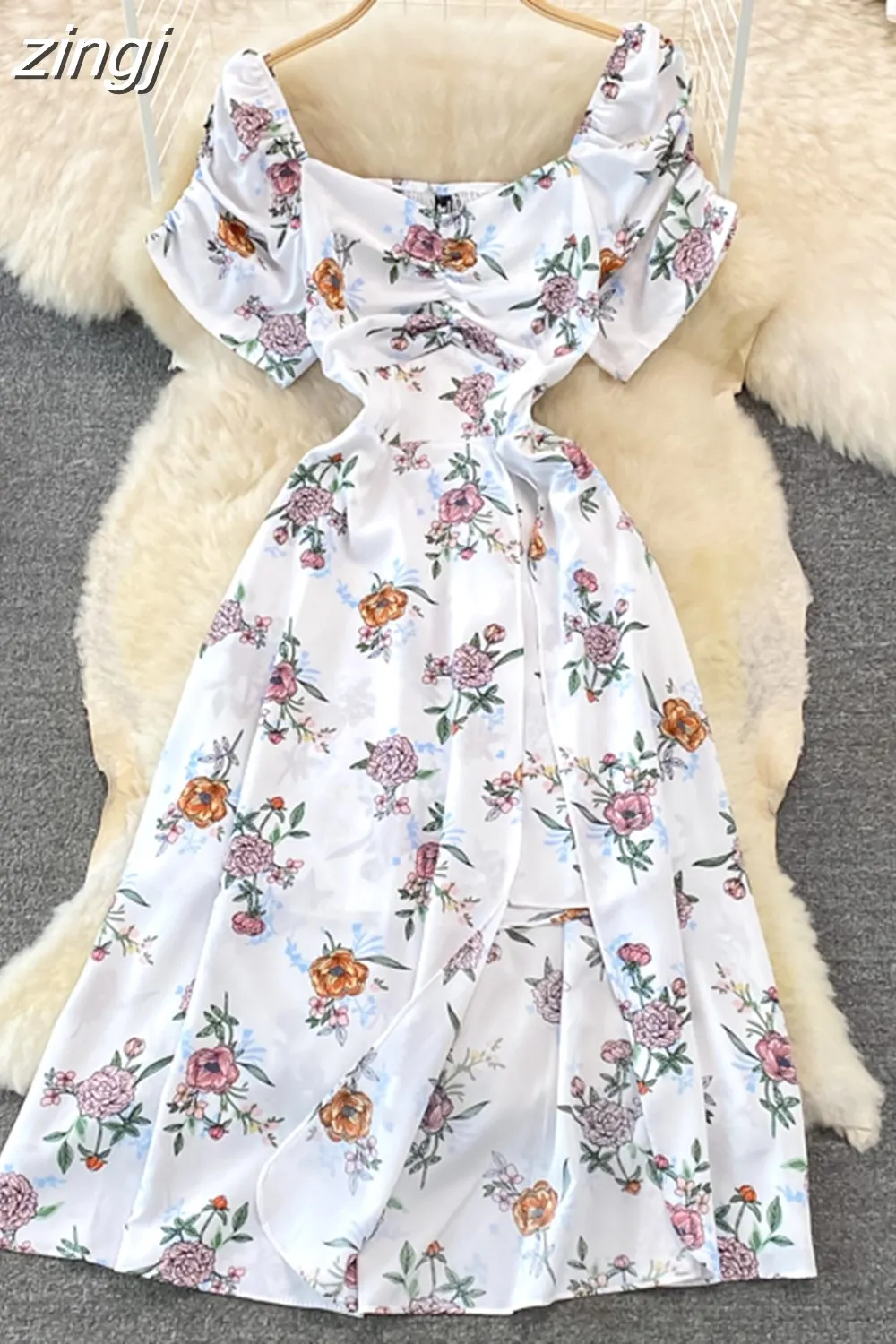 Maxct Vintage Women Printed Dresss Sexy Square Collar Short Puff Sleeve High Waist A-Line Vacation Beach Vestidos Female New