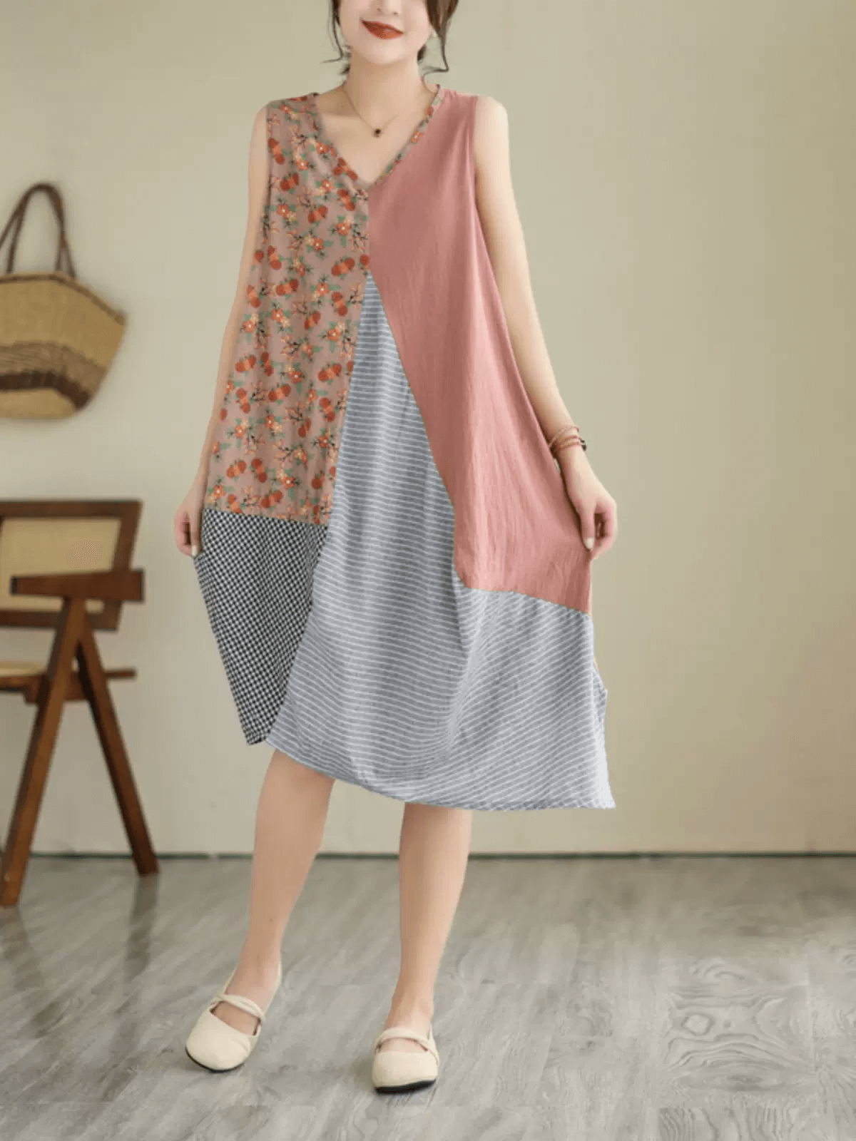 Maxct Women Patchwork Cotton Linen Midi Dress
