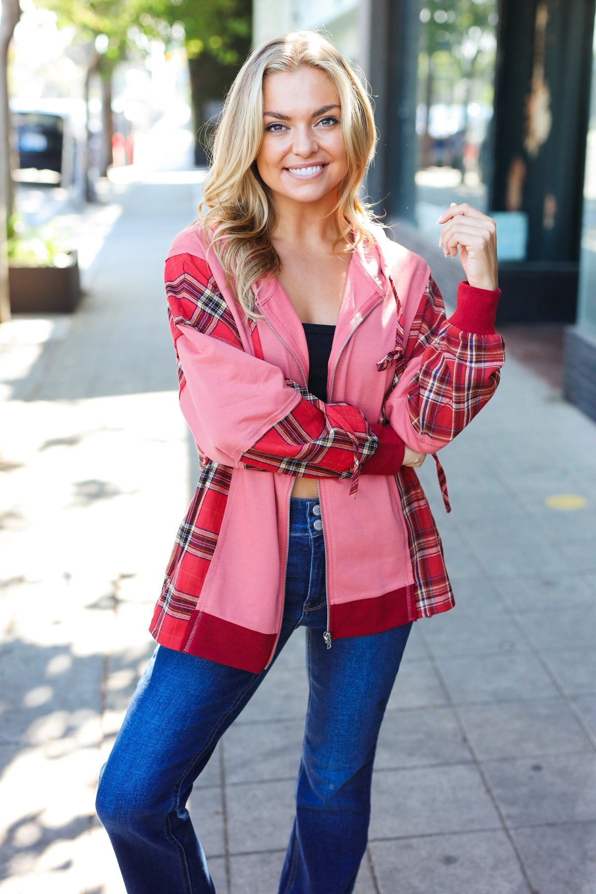 Maxct &Adorable in Marsala Plaid Color Block Zipper French Terry Hoodie