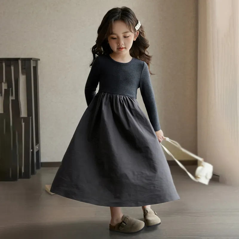 Maxct Autumn Kids Girls Beige Grey Simple Casual Patchwork Princess Elegant Long Sleeve Dresses Korean Style