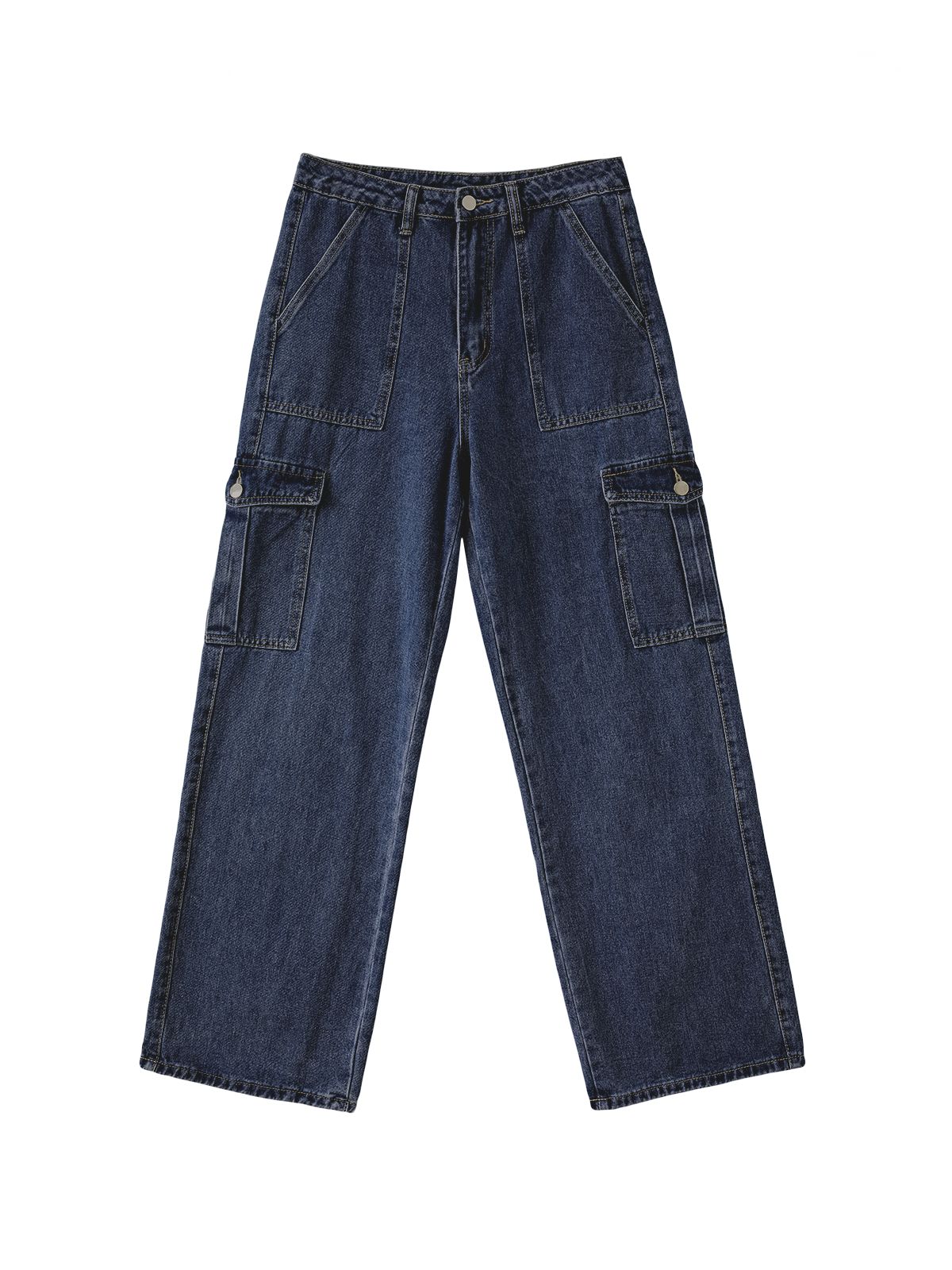 Washed Mid Waist Pocket Cargo Jeans Maxct
