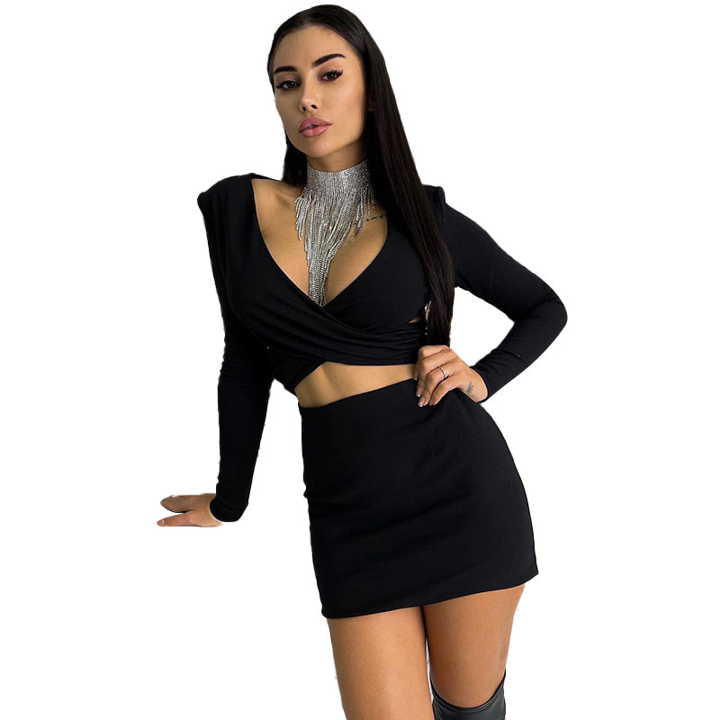 Voguable Long Sleeves V Neck Hollow Out Solid Mini Dress Outfit Y2K Streetwear Maxct