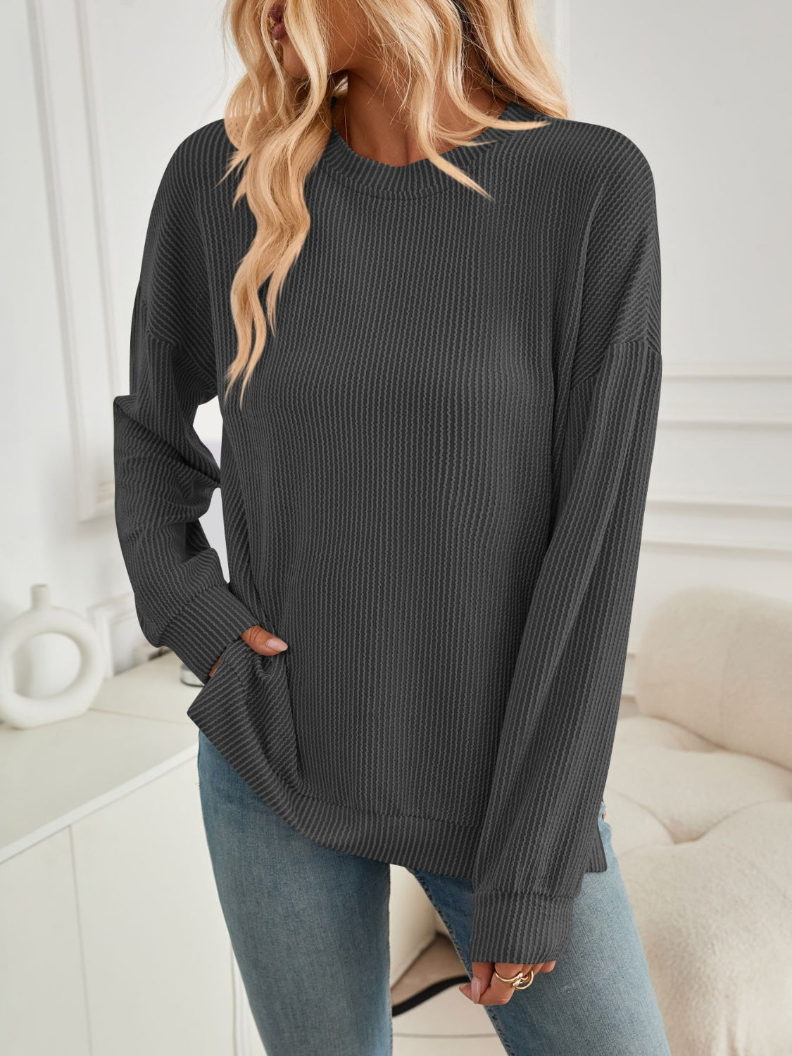 Maxct &Slit Round Neck Long Sleeve Sweatshirt