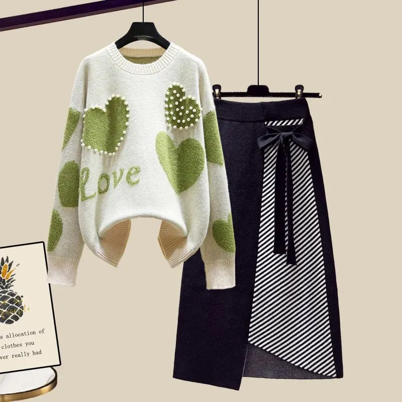 Maxct Lazy Sweater Two Piece set Women Sweet Heart-shaped beaded Pullover Jumper Top + Irregular Striped Skirt Knit 2PCS Sets