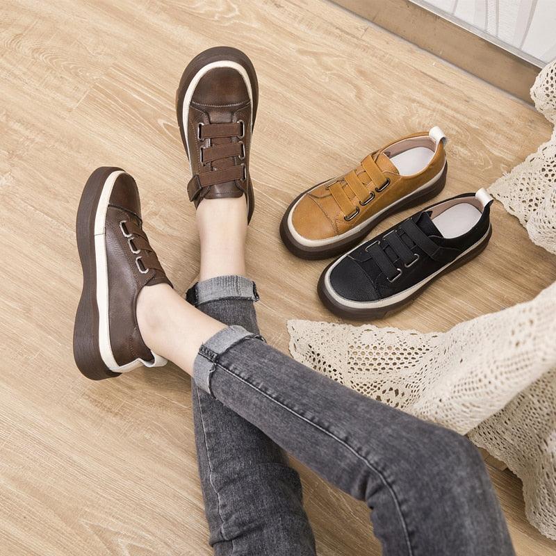 Hook & Loop Leather Sneakers for Women Maxct